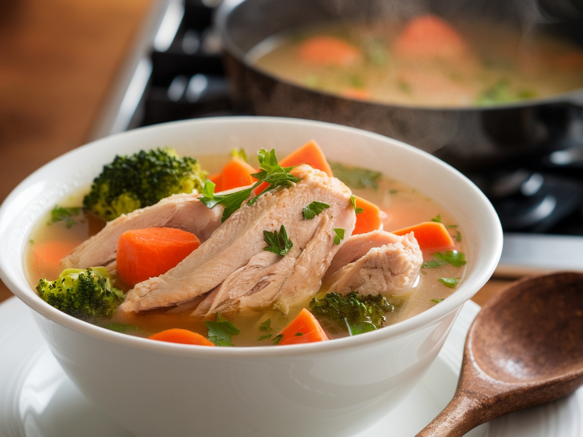 Homemade Chicken Soup Recipe A bowl of homemade chicken soup with chicken, carrots, and broccoli, garnished with parsley, in a cozy kitchen.